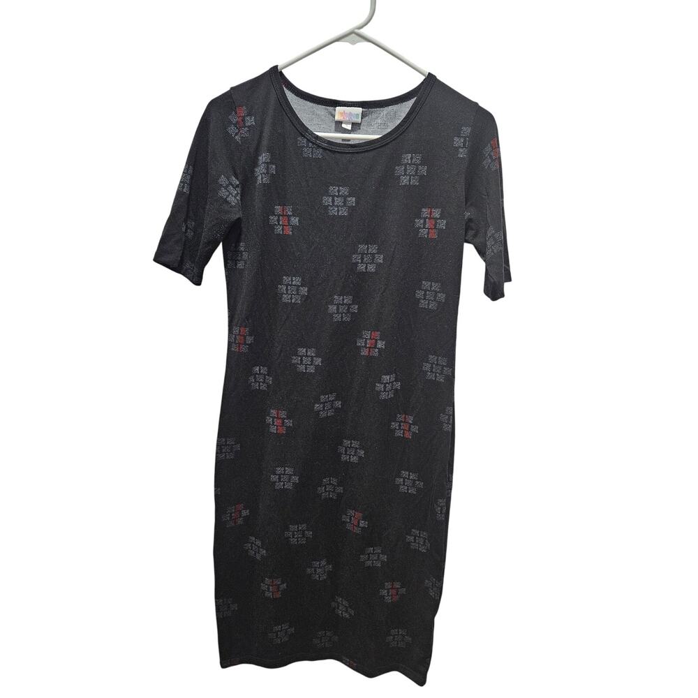 LuLaRoe Julia Dress Women’s Black Geometric Print Fitted Stretch Knit Size S